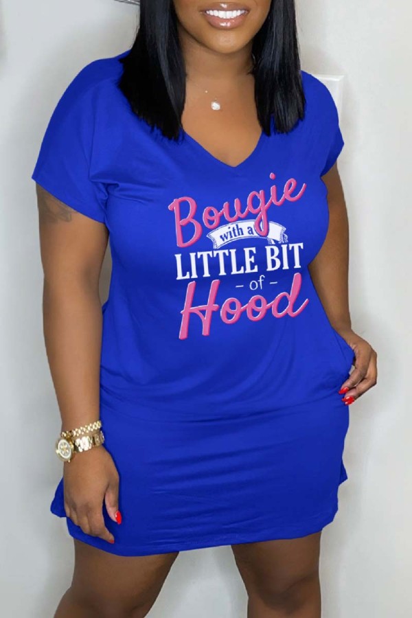 Blue Casual Letter Print Basic O Neck Short Sleeve Dress