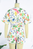 Blue Casual Print Patchwork V Neck Regular Romper