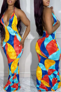 Colour Sexy Print Patchwork Halter Printed Dress Dresses