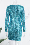Blue Sexy Patchwork Sequins See-through O Neck Long Sleeve Dresses
