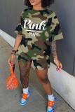 Multicolor Casual Letter Print Basic O Neck Short Sleeve Two Pieces