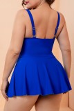 Colorful Blue Sexy Solid Backless Spaghetti Strap Plus Size Swimwear (With Paddings)