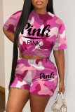 Multicolor Casual Letter Print Basic O Neck Short Sleeve Two Pieces