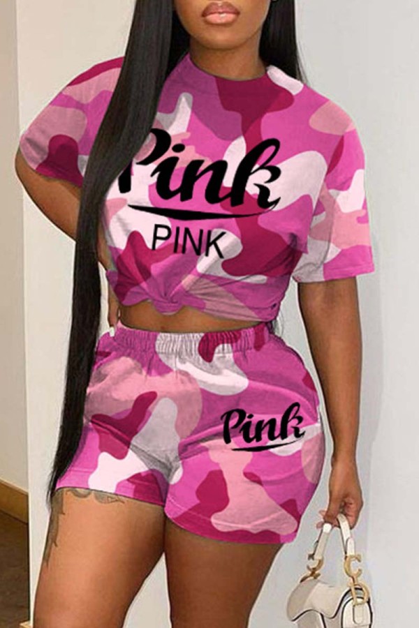 Pink Casual Letter Print Basic O Neck Short Sleeve Two Pieces