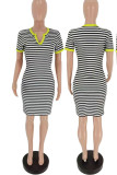 Purple Casual Striped Print Patchwork V Neck One Step Skirt Dresses