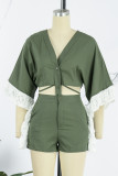Ink Green Casual Solid Tassel Patchwork V Neck Half Sleeve Two Pieces