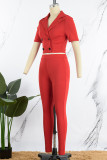 Red Casual Solid Patchwork Buttons Turn-back Collar Short Sleeve Two Pieces