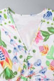 Blue Casual Print Patchwork V Neck Regular Romper