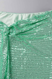 Green Sexy Patchwork Sequins Spaghetti Strap Sleeveless Two Pieces