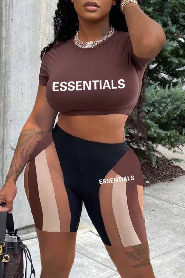 Dark Brown Sexy Print Letter O Neck Short Sleeve Two Pieces