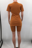 Blue Sexy Solid Hollowed Out Patchwork Zipper O Neck Short Sleeve Two Pieces