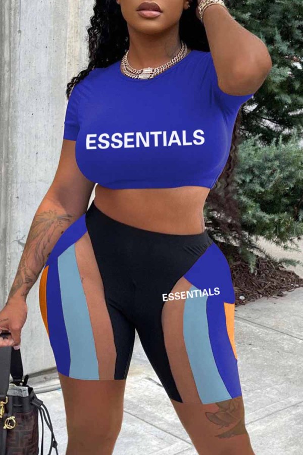 Blue Sexy Print Letter O Neck Short Sleeve Two Pieces