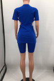Blue Sexy Solid Hollowed Out Patchwork Zipper O Neck Short Sleeve Two Pieces
