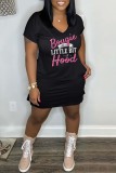 Pink Casual Letter Print Basic O Neck Short Sleeve Dress