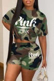 Multicolor Casual Letter Print Basic O Neck Short Sleeve Two Pieces