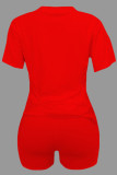 Red Casual Letter Patchwork O Neck Short Sleeve Two Pieces