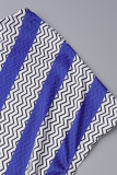Blue Casual Striped Print Patchwork Backless O Neck Straight Dresses