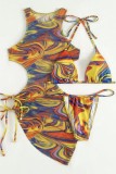 Blue Sexy Print Bandage Backless Swimsuit Three Piece Set (With Paddings)