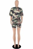 Pink Casual Camouflage Print Letter O Neck Short Sleeve Two Pieces