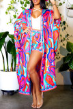 Rose Red Casual Print Patchwork Cardigan Collar Three Quarter Two Pieces