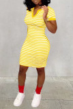 Yellow Casual Striped Print Patchwork V Neck One Step Skirt Dresses