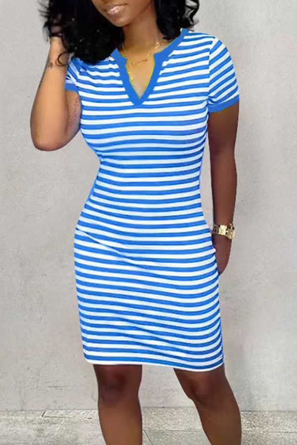 Light Blue Casual Striped Print Patchwork V Neck One Step Skirt Dresses