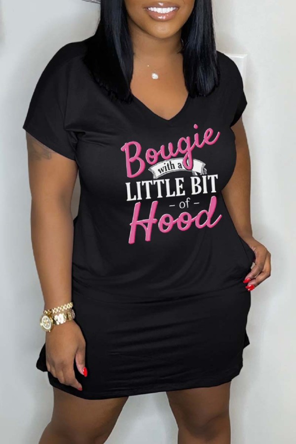 Black Casual Letter Print Basic O Neck Short Sleeve Dress