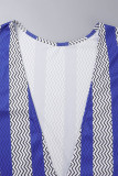 Blue Casual Striped Print Patchwork Backless O Neck Straight Dresses