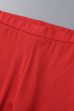Red Casual Solid Patchwork Buttons Turn-back Collar Short Sleeve Two Pieces
