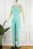 Blue Sexy Solid Patchwork V Neck Skinny Jumpsuits