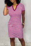 Purple Casual Striped Print Patchwork V Neck One Step Skirt Dresses
