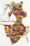 Blue Sexy Print Bandage Backless Swimsuit Three Piece Set (With Paddings)