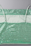 Green Sexy Patchwork Sequins Spaghetti Strap Sleeveless Two Pieces