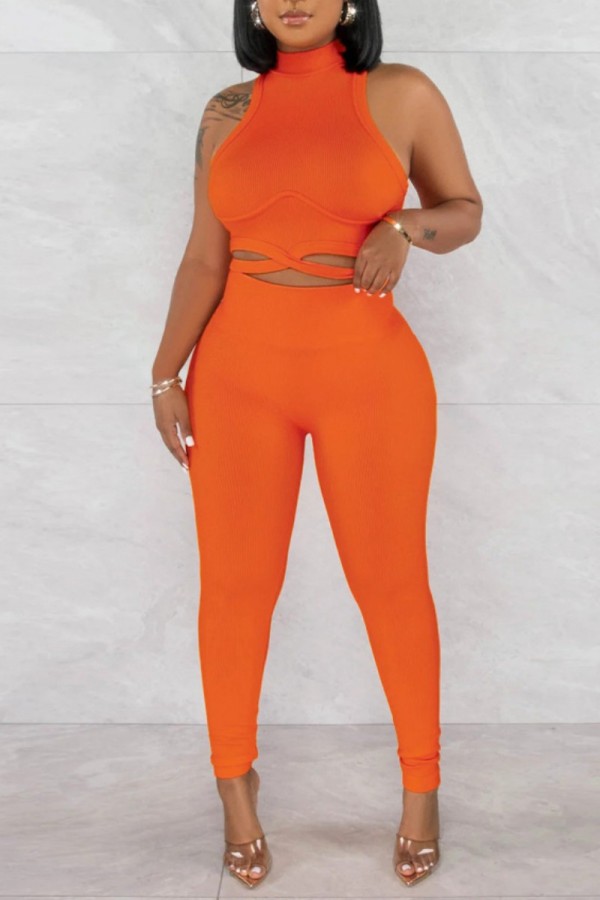 Orange Casual Solid Hollowed Out Patchwork Half A Turtleneck Sleeveless Two Pieces