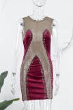 Black Sexy Patchwork Hot Drilling See-through O Neck Sleeveless Dress Dresses