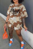 Multicolor Casual Letter Print Basic O Neck Short Sleeve Two Pieces