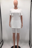 Blue Sexy Solid Hollowed Out Patchwork Zipper O Neck Short Sleeve Two Pieces