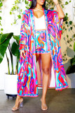 Rose Red Casual Print Patchwork Cardigan Collar Three Quarter Two Pieces