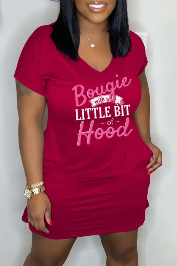 Burgundy Casual Letter Print Basic O Neck Short Sleeve Dress