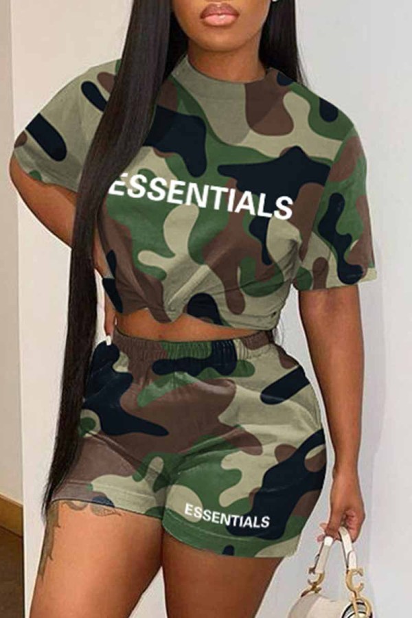 Army Green Casual Camouflage Print Letter O Neck Short Sleeve Two Pieces