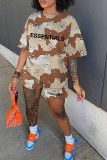Pink Casual Camouflage Print Letter O Neck Short Sleeve Two Pieces