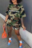 Pink Casual Camouflage Print Letter O Neck Short Sleeve Two Pieces