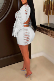 Pink Sexy Solid Draw String O Neck Long Sleeve Two Pieces