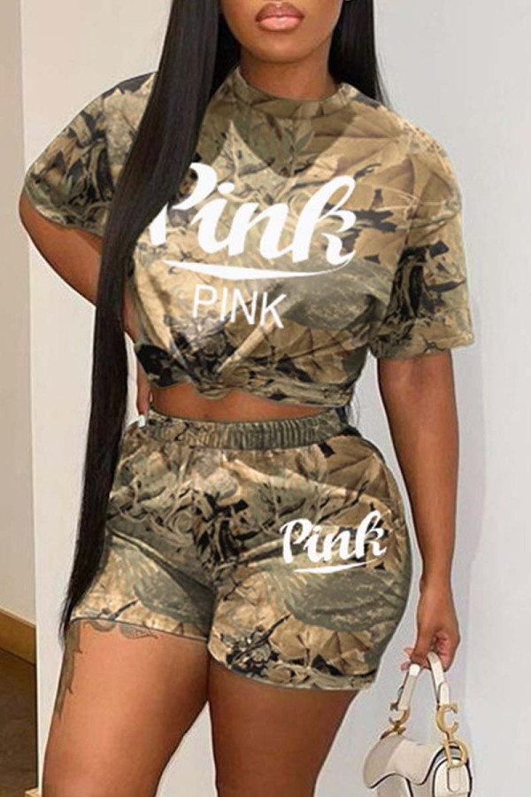Multicolor Casual Letter Print Basic O Neck Short Sleeve Two Pieces
