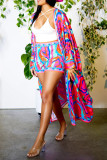 Rose Red Casual Print Patchwork Cardigan Collar Three Quarter Two Pieces