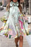 Light Green Casual Print Patchwork Ribbon Collar A Line Dresses