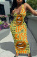 Yellow Sexy Street Print Patchwork U Neck Pencil Skirt Dresses