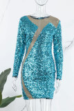 Blue Sexy Patchwork Sequins See-through O Neck Long Sleeve Dresses
