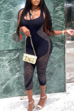 Black Sexy Solid Hollowed Out Patchwork U Neck Skinny Jumpsuits