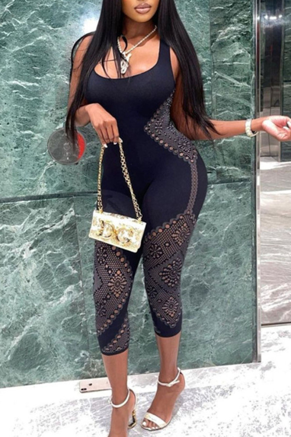 Black Sexy Solid Hollowed Out Patchwork U Neck Skinny Jumpsuits